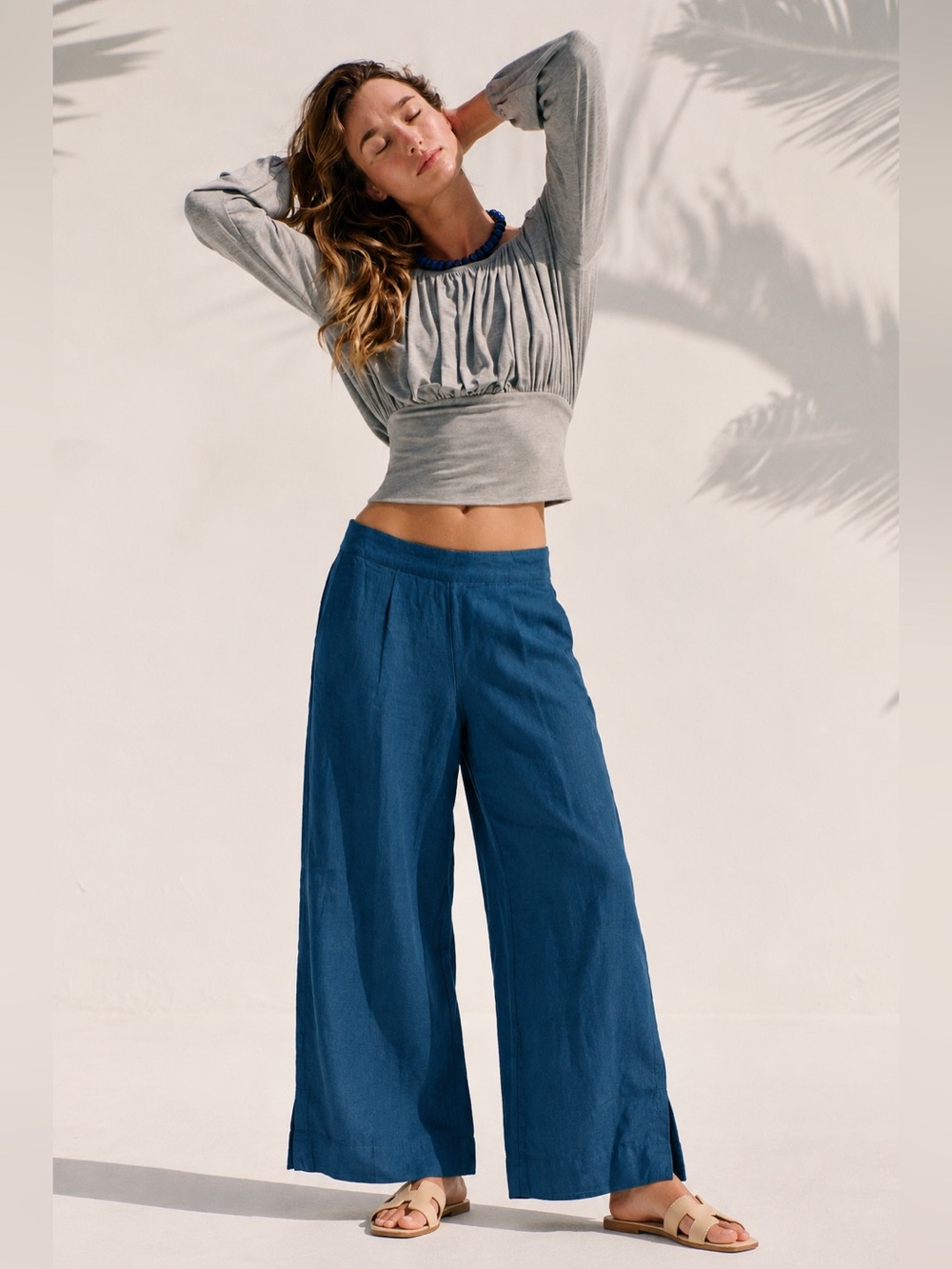 Free People Blue Linen Blend Wide Leg Pants – Size L